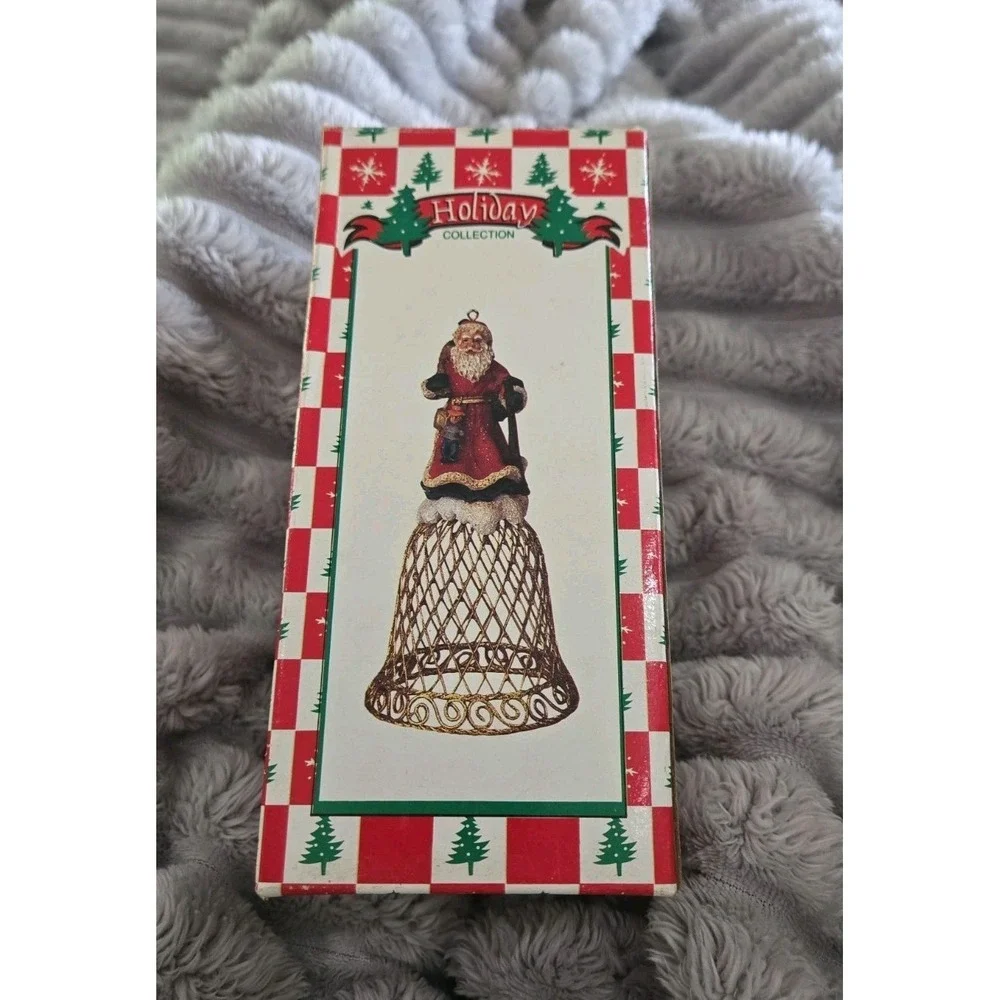Christmas Santa Claus Gold Glitter Metal Mesh Bell‎ Tree Ornament NOS VINTAGE